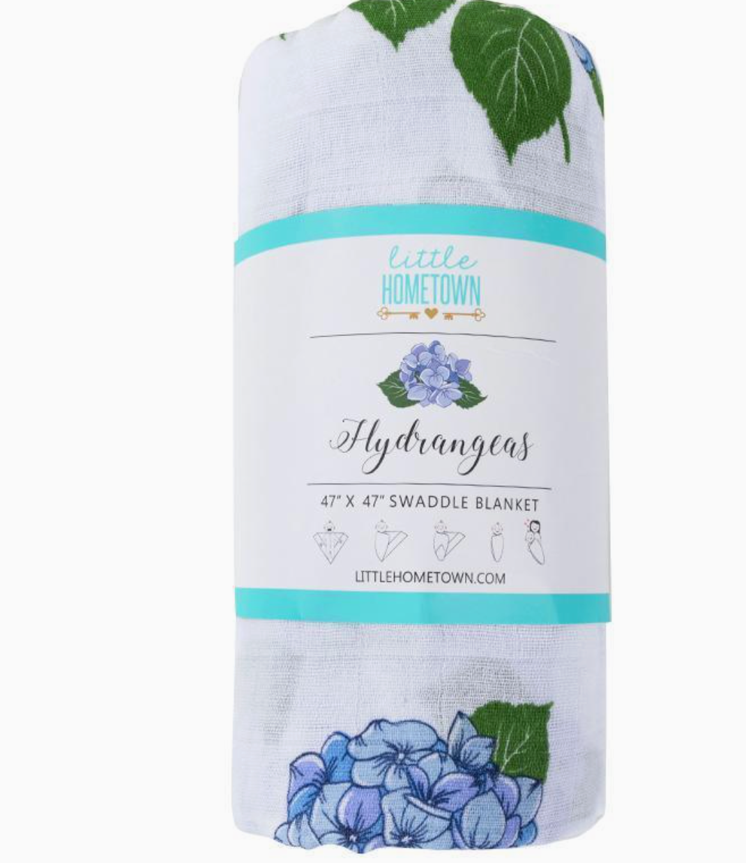 Little Hometown Hydrangea-themed swaddle blanket with 'little hometown' branding on a white background