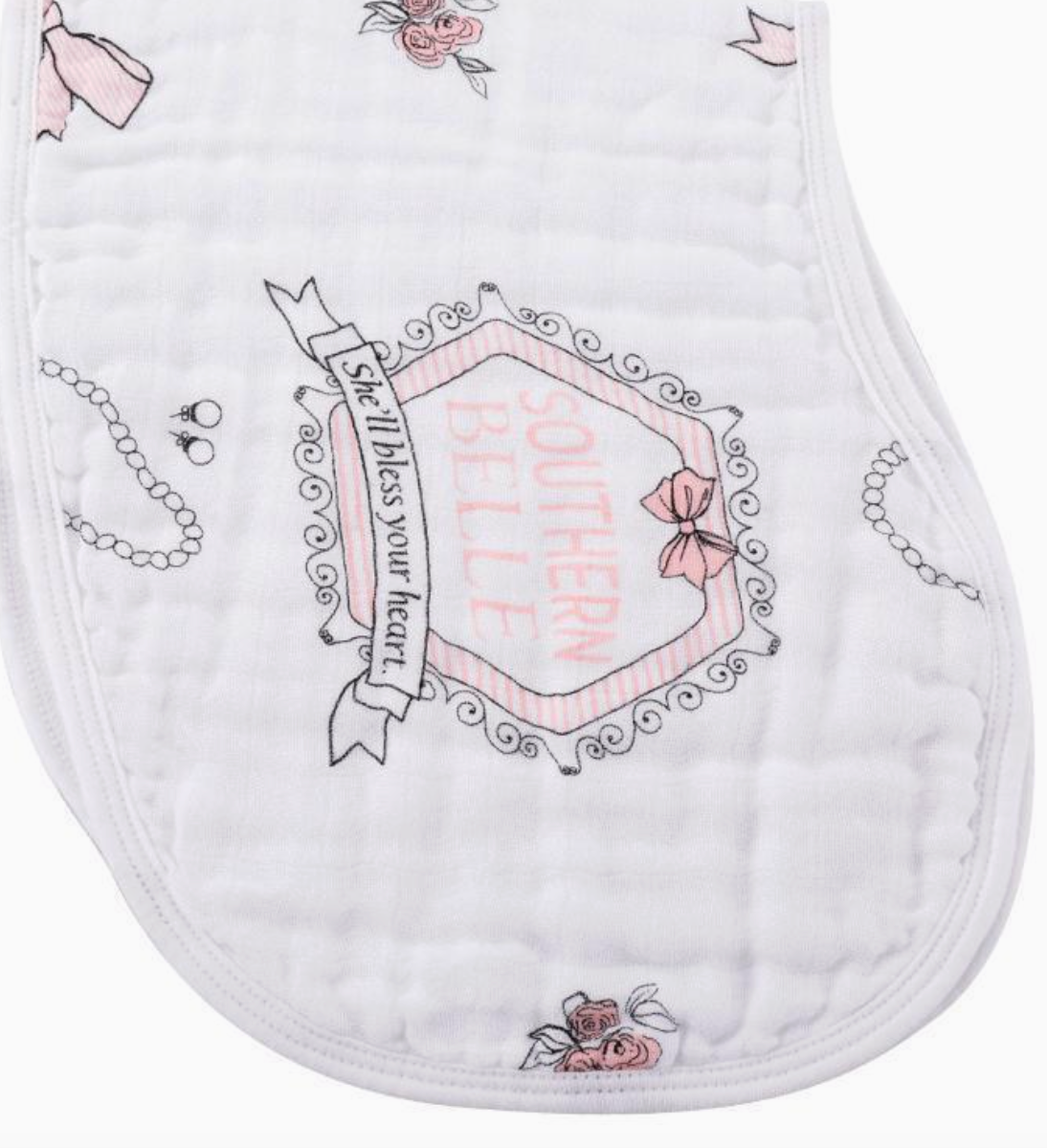 Close-up of Southern Belle design on soft cotton baby bib by Little Hometown with decorative text and graphics on a white background