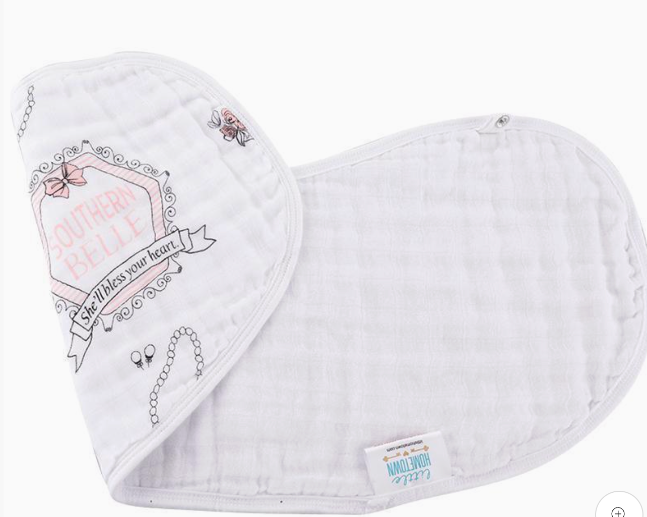 Close-up of Southern Belle design on soft cotton baby bib by Little Hometown with decorative text and designs on a white background