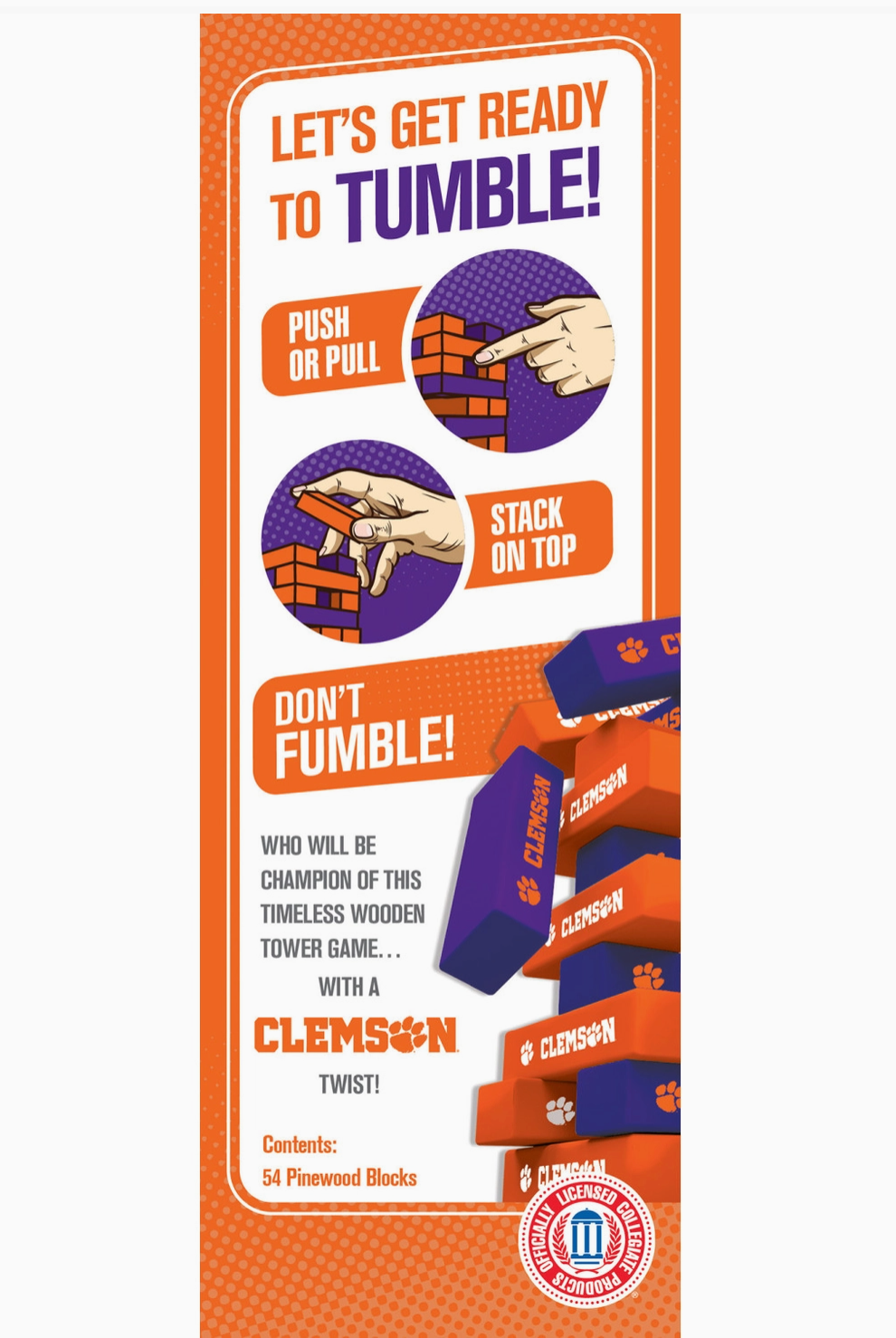 Clemson Tigers Tumble Tower Game – 54-Piece NCAA Wooden Block Game