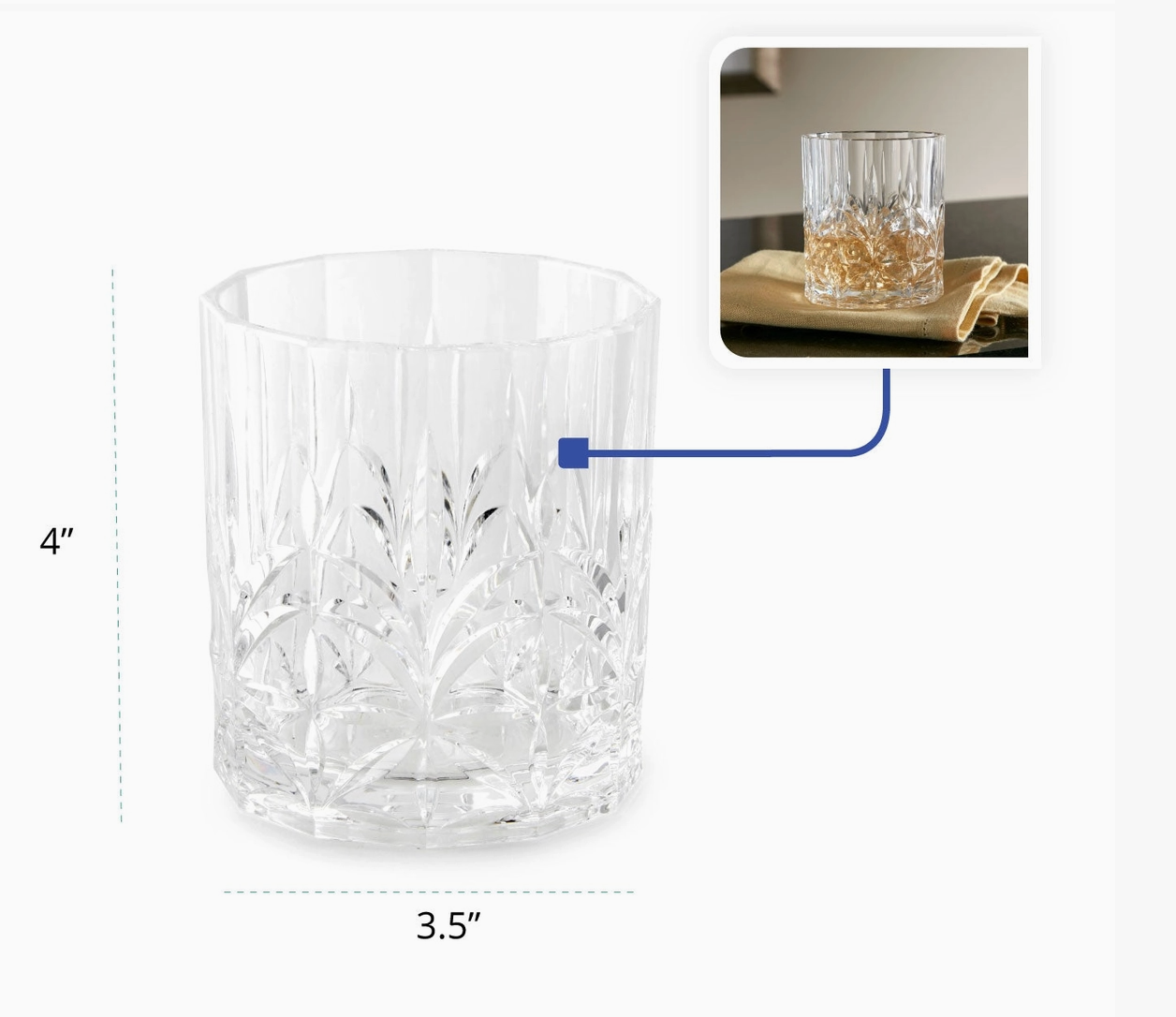 "Huang Acrylic Royal Carved Low Ball Glass — elegant shatter-resistant acrylic cocktail glass for whiskey and Old Fashioned shown on a white background with dimension labels indicating 4 inches tall by 3.5 inches wide, plus a small inset photo of the glass in use.