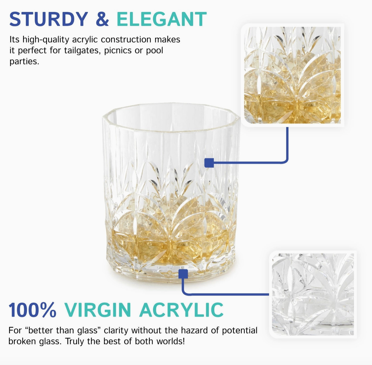 "Royal Carved Low Ball acrylic drinkware — premium rocks glass with intricate carved detailing for home bar styling with etched pattern and a gold-colored liquid, shown on a white background with marketing text and two inset close-ups of the material details.