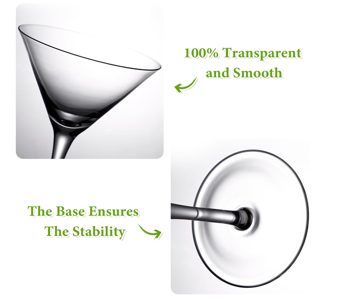 A Huang Acrylics brand clear martini-style acrylic glass shown from two angles on a white background with green text reading '100% Transparent and Smooth' and 'The Base Ensures The Stability'.