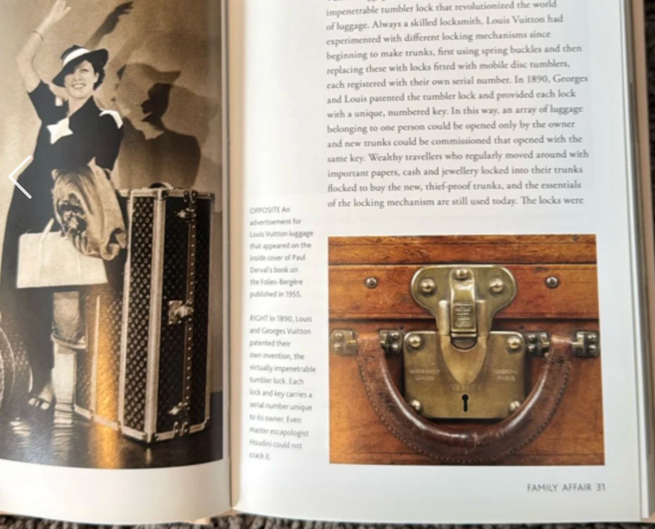 An open book spread showing a vintage article about luggage locks. The left page has a black-and-white photo of a person holding a large wooden trunk with a lock, and the right page has text alongside a close-up photo of a wooden trunk lock.