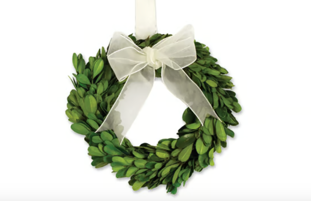 Napa Home and Garden Brand Small round Boxwood wreath with bow and ribbon on white background