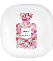 A Toss designs Brand white square Compact Mirror accessory with rounded corners, featuring a central illustration of a perfume bottle filled with pink and white roses. The text on the bottle reads 'PARIS FRANCE EAU DE PARFUM'.