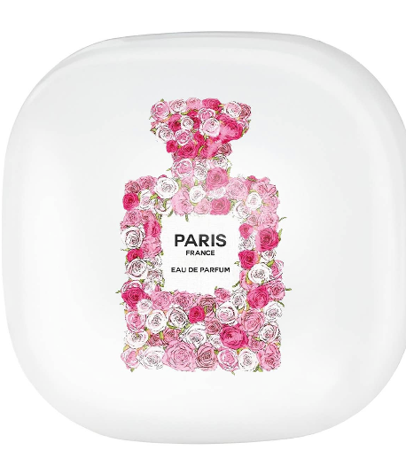 A Toss designs Brand white square Compact Mirror accessory with rounded corners, featuring a central illustration of a perfume bottle filled with pink and white roses. The text on the bottle reads 'PARIS FRANCE EAU DE PARFUM'.