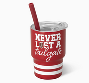 Never Lost a Tailgate Red 2 oz insulated shot glass tumbler with lid and straw
