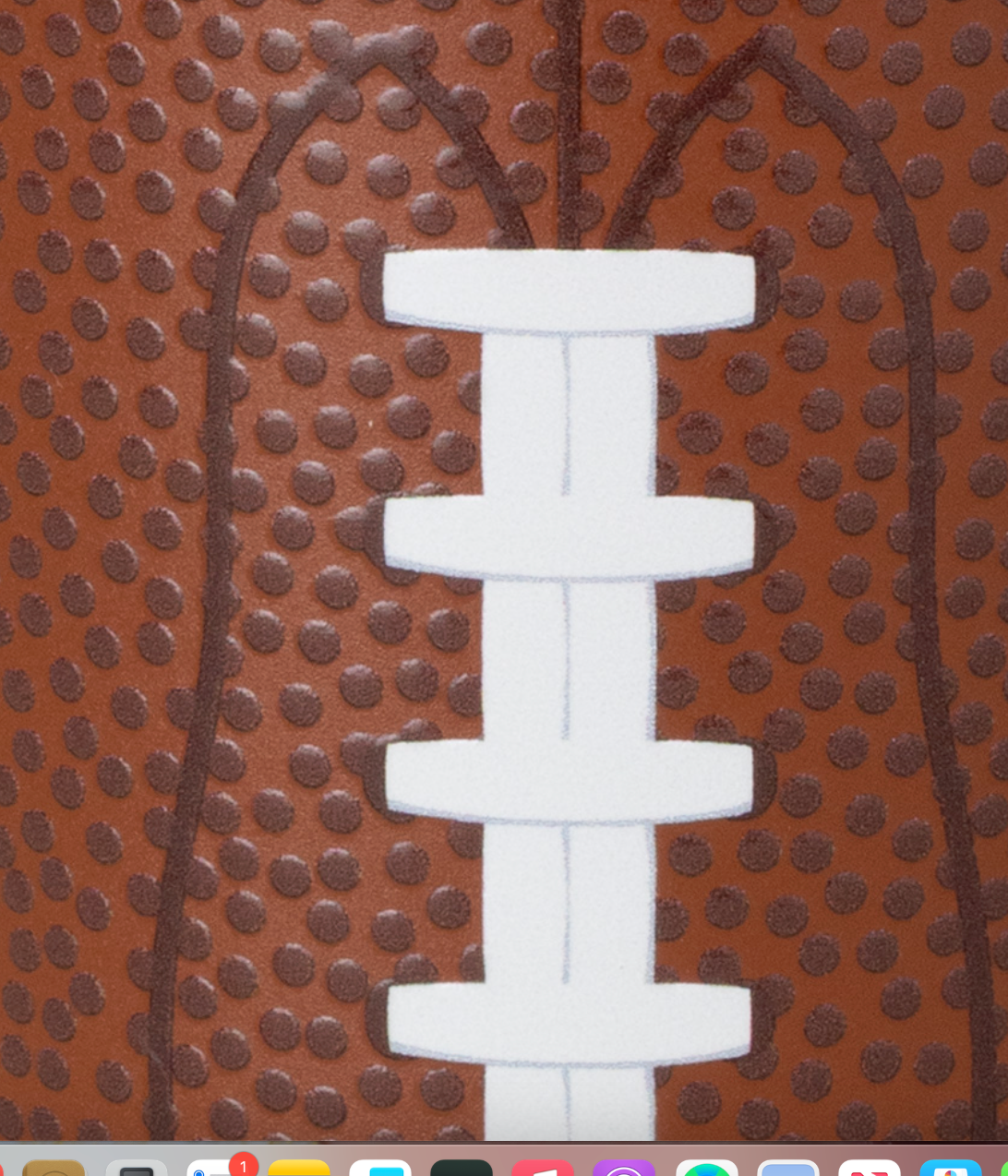 Close-up of the white football laces on a brown football-themed shot glass