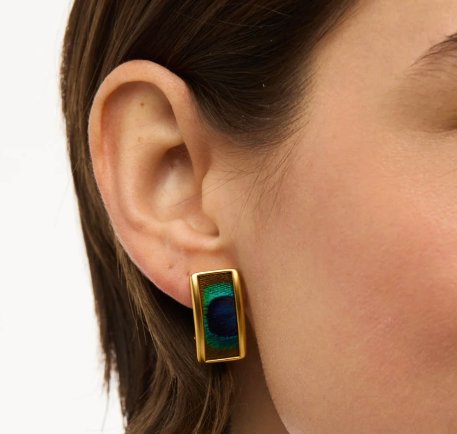 Olivia natural feather stud earrings with iridescent peacock eyes close-up