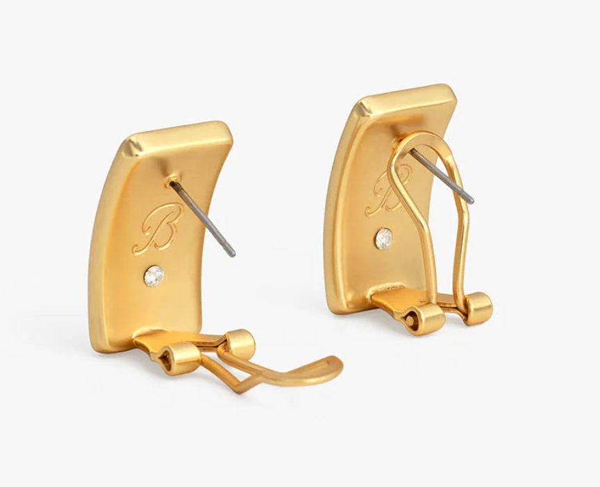 back view of gold Olivia natural feather stud earrings with iridescent peacock eyes close-up