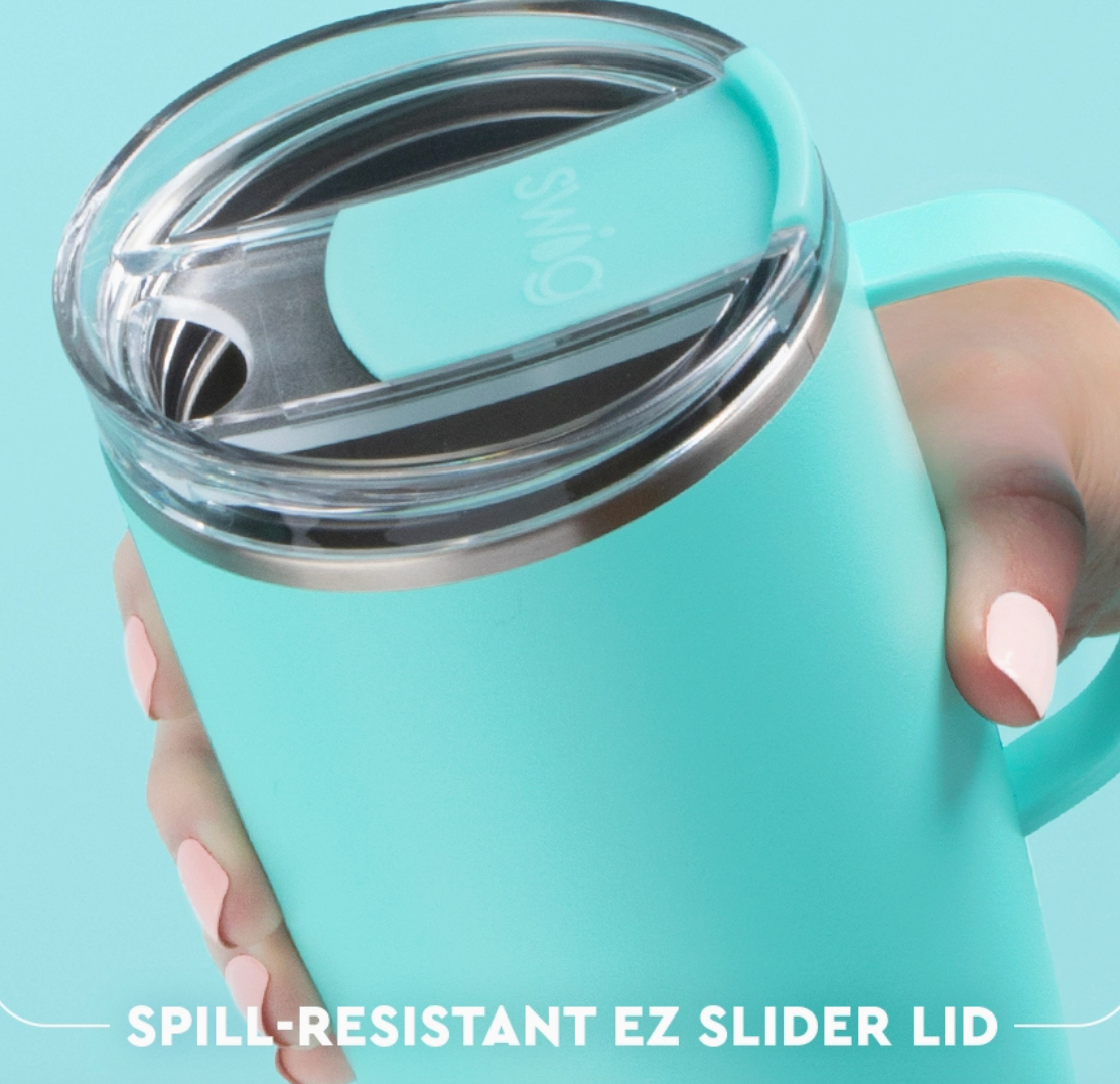 emson 22 oz travel mug close-up of gameday design in aqua
