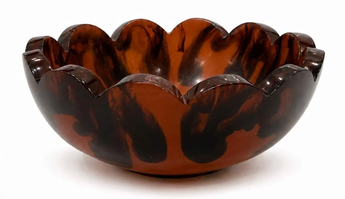 Laura Park brand tortoise shell scalloped edge resin snack bowl on white background