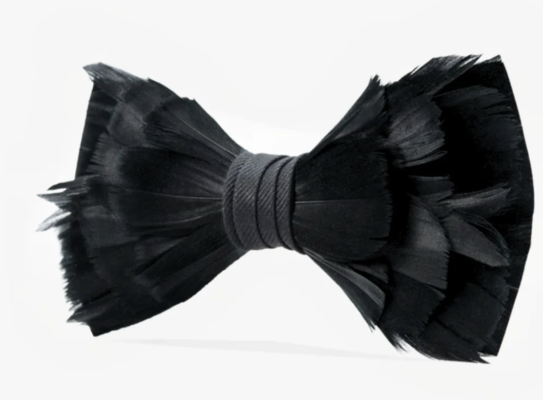 Brackish Brand black Goose Feather Bow Tie with black fabric wrap on a white background