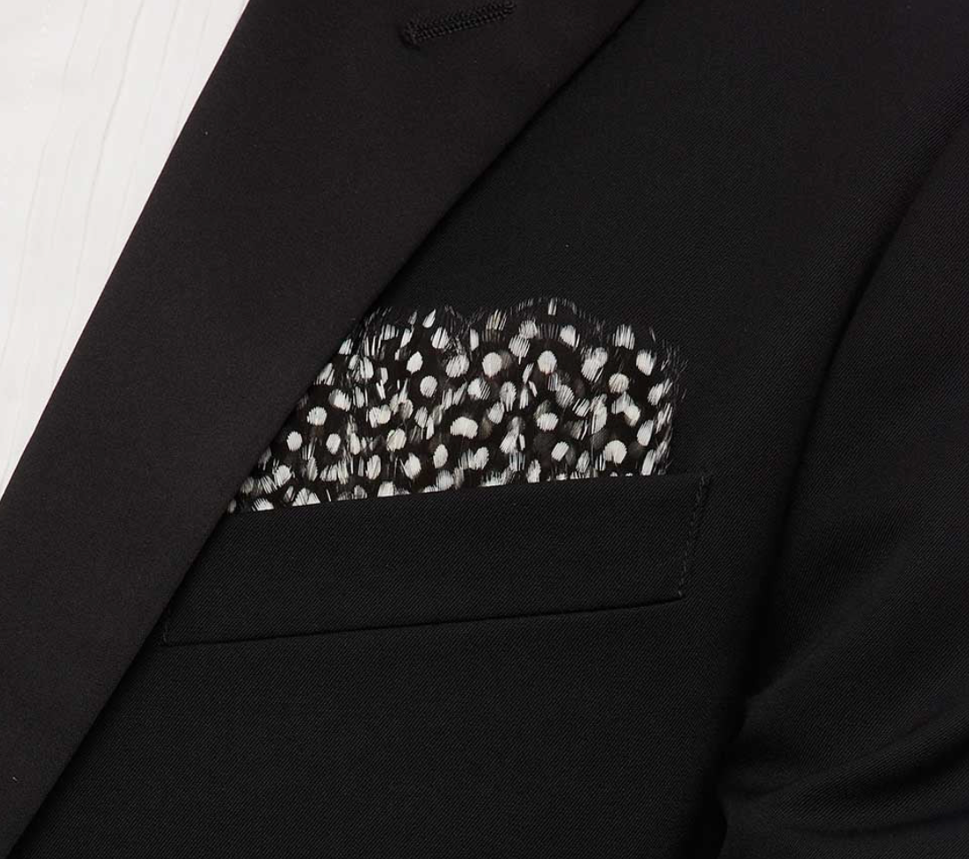 Brackish brand black and white feather  pocket square on black jacket