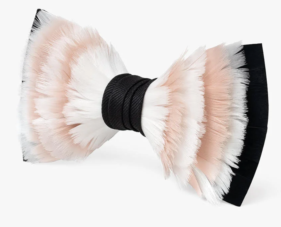 Pink white and black feather bow tie on white background
