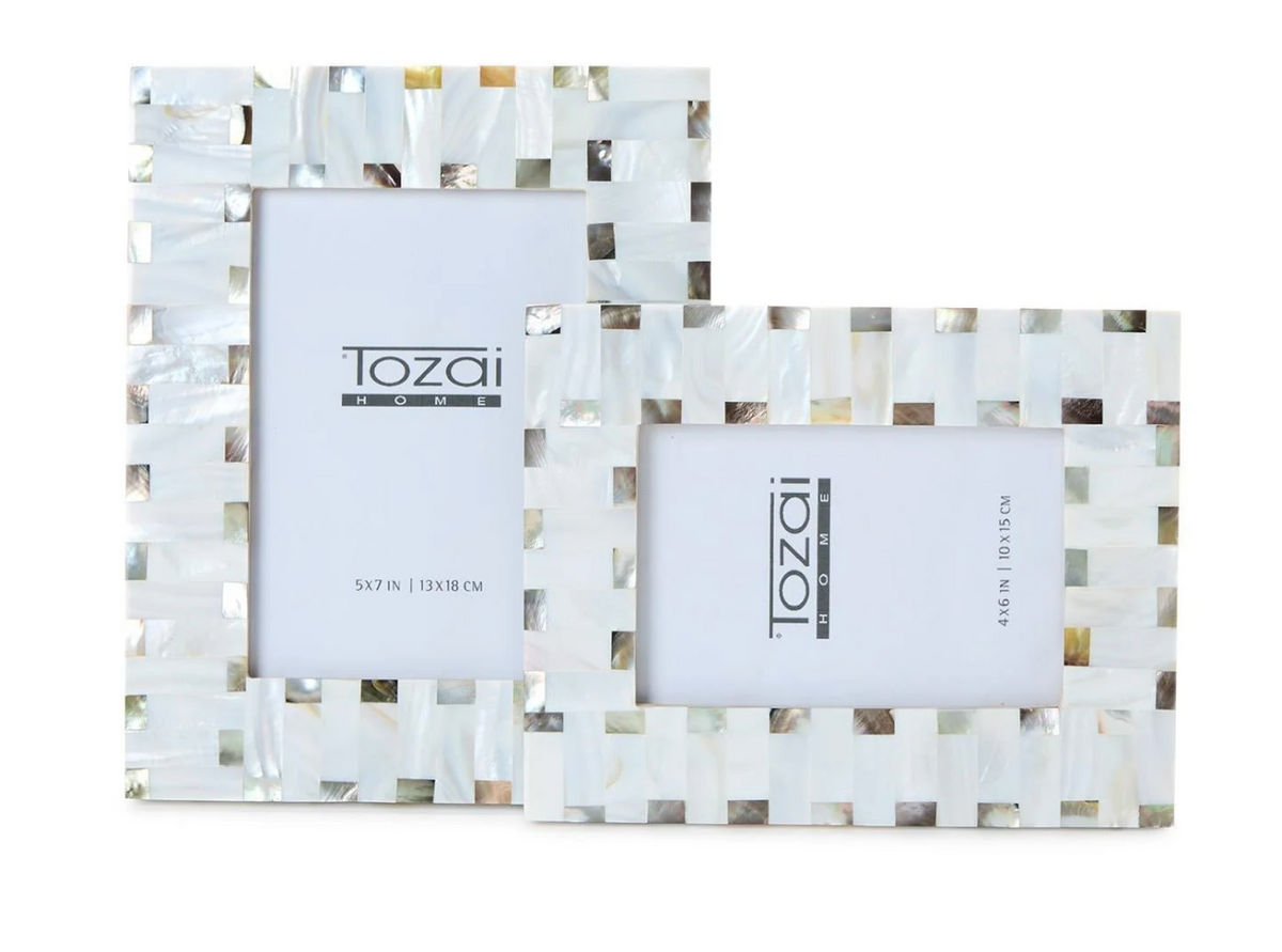 Two's company 2 sizes of Mother of Pearl photo frame one horizontal, one vertical with square brown and silver accents on white background