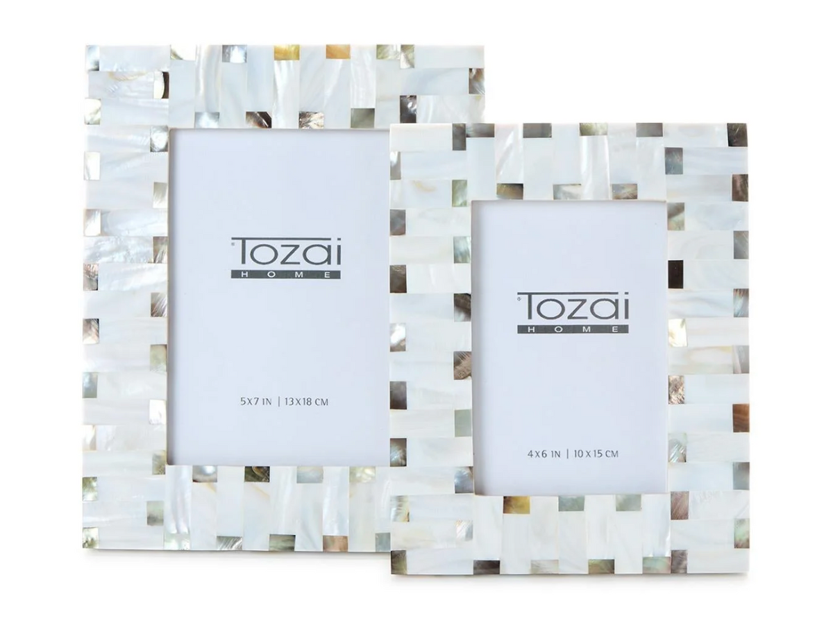 2 sizes of Two's Company Mother of Pearl photo frame with square brown and silver accents on white background