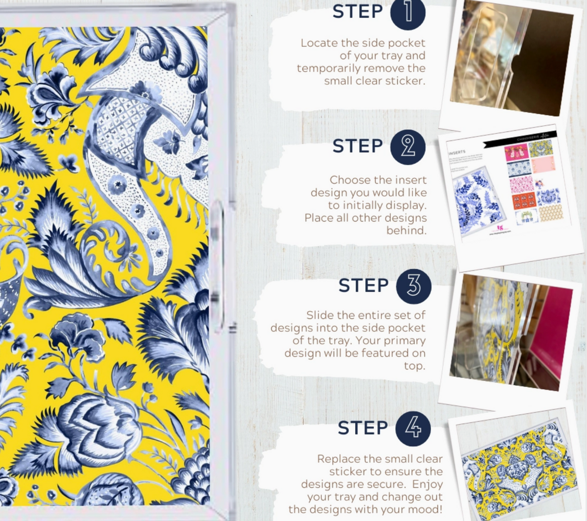 A product infographic showing a decorative tray with a blue and white floral print on a bright yellow background, alongside four numbered step-by-step instructions and small inset photos demonstrating how to slide out a set of paper designs into the tray.