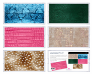 Six square panels showing different textured acrylic triptych prints, including blue and green reptile scales, pink crocodile skin, beige and gold reptile patterns, and a spotted brown-and-white pattern. A smaller printed insert at the bottom right shows the product packaging and text for 'The 5 Acrylic Triptych Interchangeable Sheets'.
