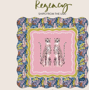 A mahjong mat featuring two seated cheetahs on a pink center panel, surrounded by layered floral and animal motifs in blue, green, purple, and cream. The top reads 'Regency Ships from the USA!' 