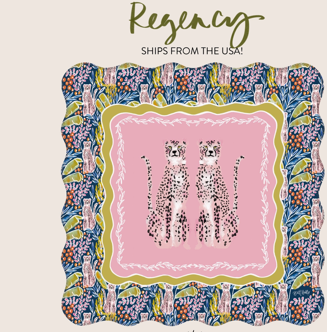 A mahjong mat featuring two seated cheetahs on a pink center panel, surrounded by layered floral and animal motifs in blue, green, purple, and cream. The top reads 'Regency Ships from the USA!' 