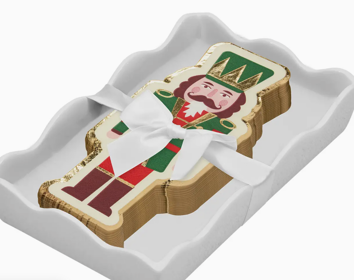 White Ceramic Guest Towel Tray with Nutcracker Christmas Napkins