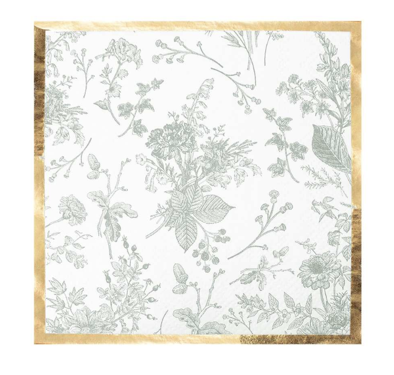 sage patterned cocktal napkin with gold brder on white background