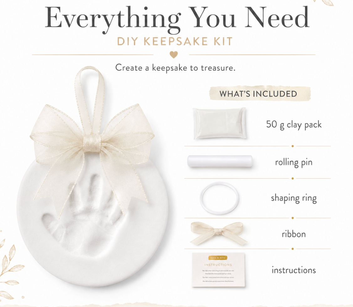 Kate & Milo DIY Keepsake Kit promotional graphic showing a white hand-shaped clay keepsake mold with a cream ribbon bow, plus included items listed on the right: 50 g clay pack, rolling pin, shaping ring, ribbon, and instructions.