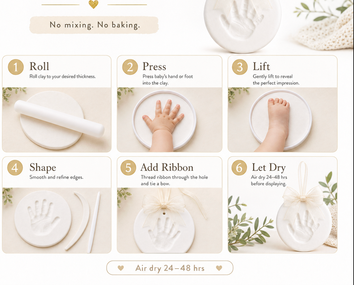 Instructional graphic for making a clay memory keepsake. The top section shows a finished white clay keepsake with a ribbon bow and the text 'Easy to Make Memories to cherish' and 'No mixing, No baking.