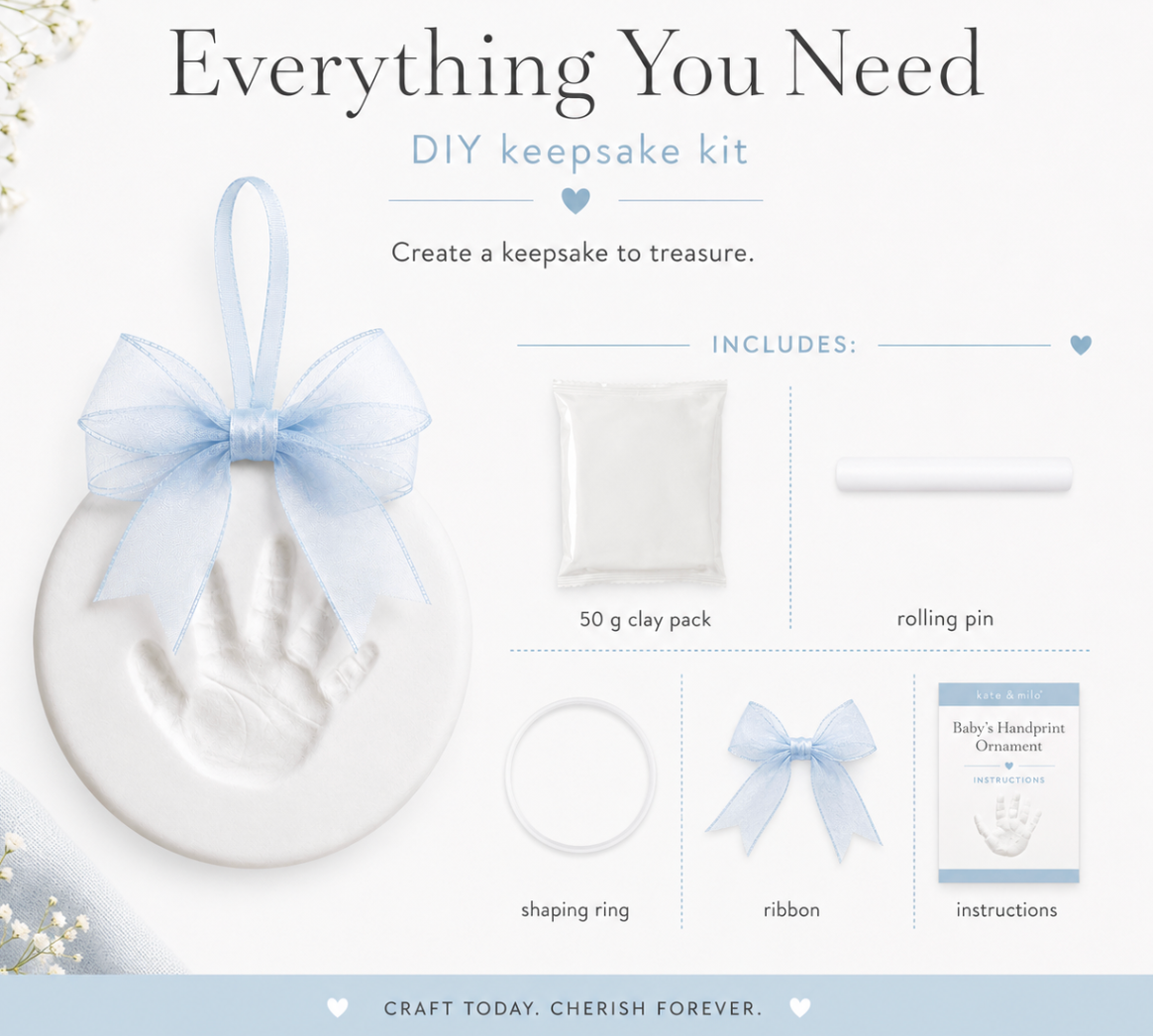 DIY keepsake kit promotional graphic showing a white keepsake plaque with a light blue ribbon bow, plus included items: a clay pack, rolling pin, shaping ring, ribbon, and instructions booklet on a clean white background.