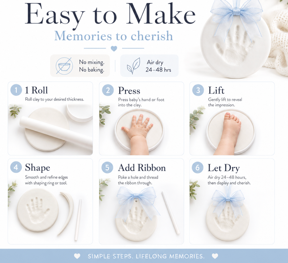 Instructional graphic for making a memory keepsake from baby hand and foot impressions. The layout shows the product name 'Kate & Milo Easy to Make Memories to cherish' at the top, six numbered steps from 1 to 6 with small photos of a hand and foot being pressed into clay, smoothed, and ribboned, and a finished white keepsake with a blue ribbon on the right.