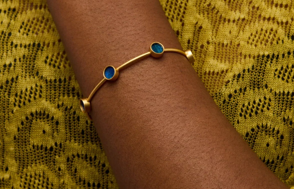 Blue Peacock Feather Multi-Bezel Cuff Bracelet - Deci