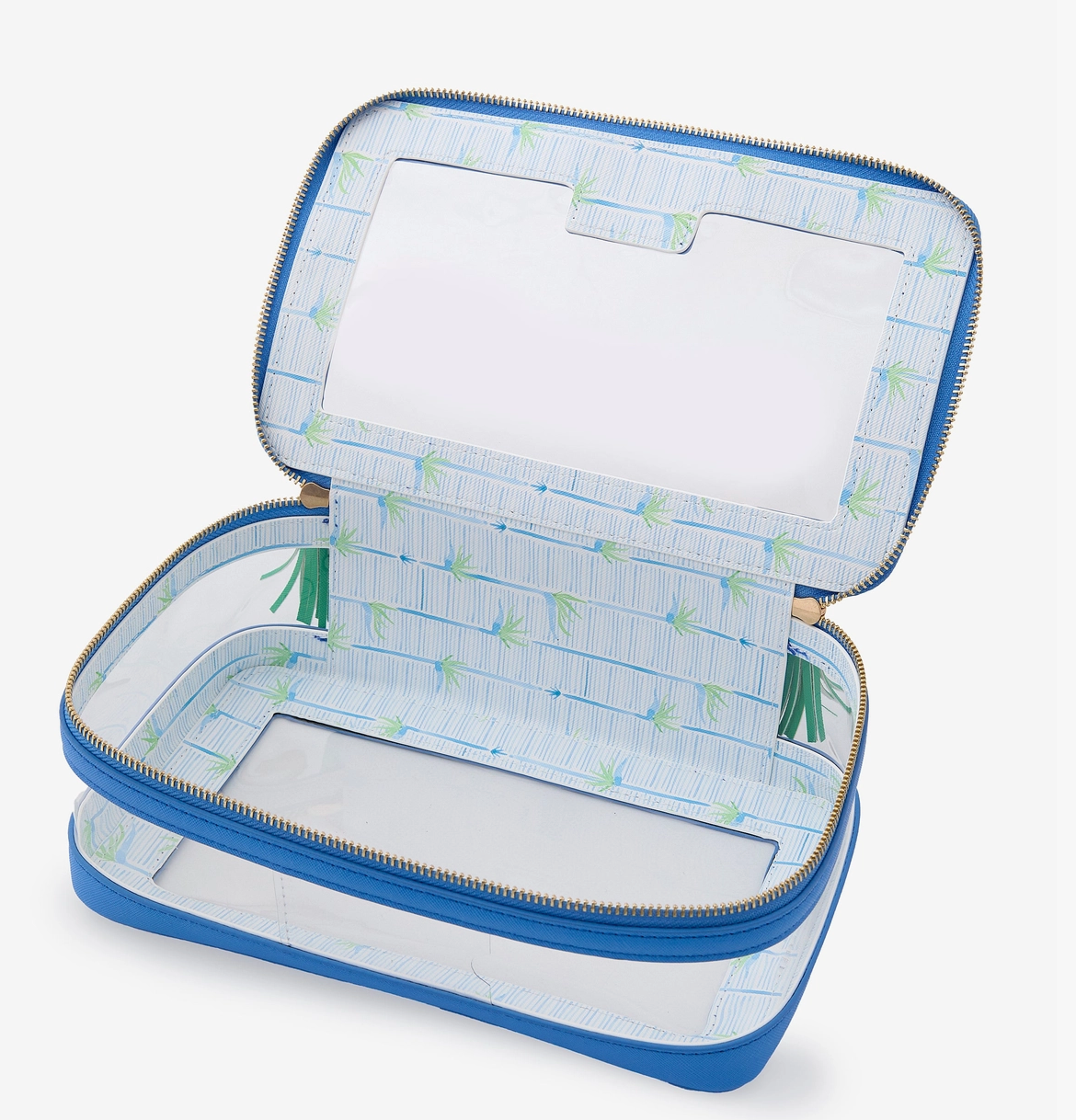 Open bag: “Open blue Mahjong tile storage bag showing its pale blue-and-green patterned interior and clear panels.”
