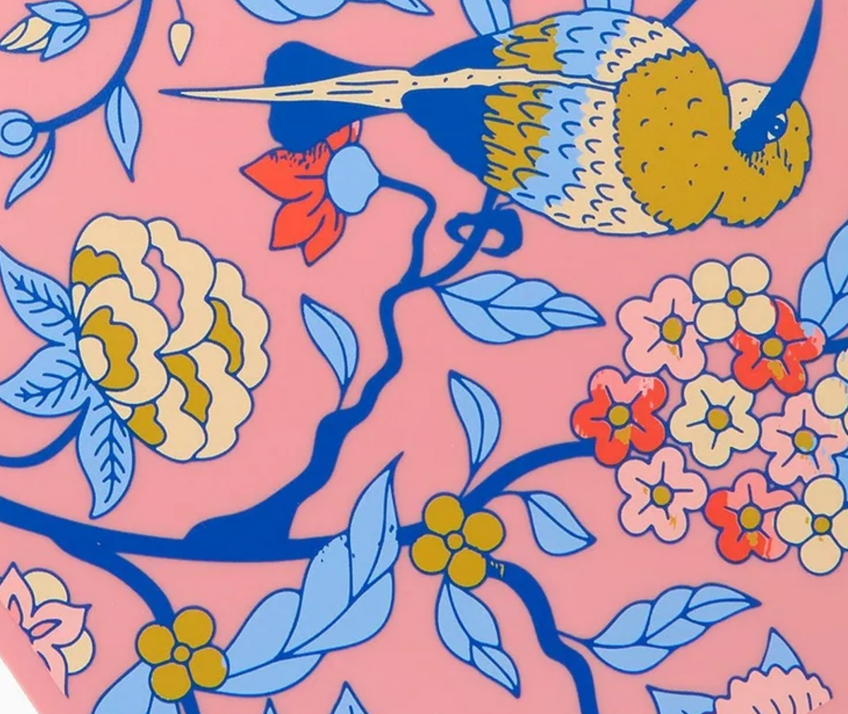 Sparrow Mahjong shuffler artwork with a yellow-and-blue bird, blue leaves, and colorful flowers on a pink background.