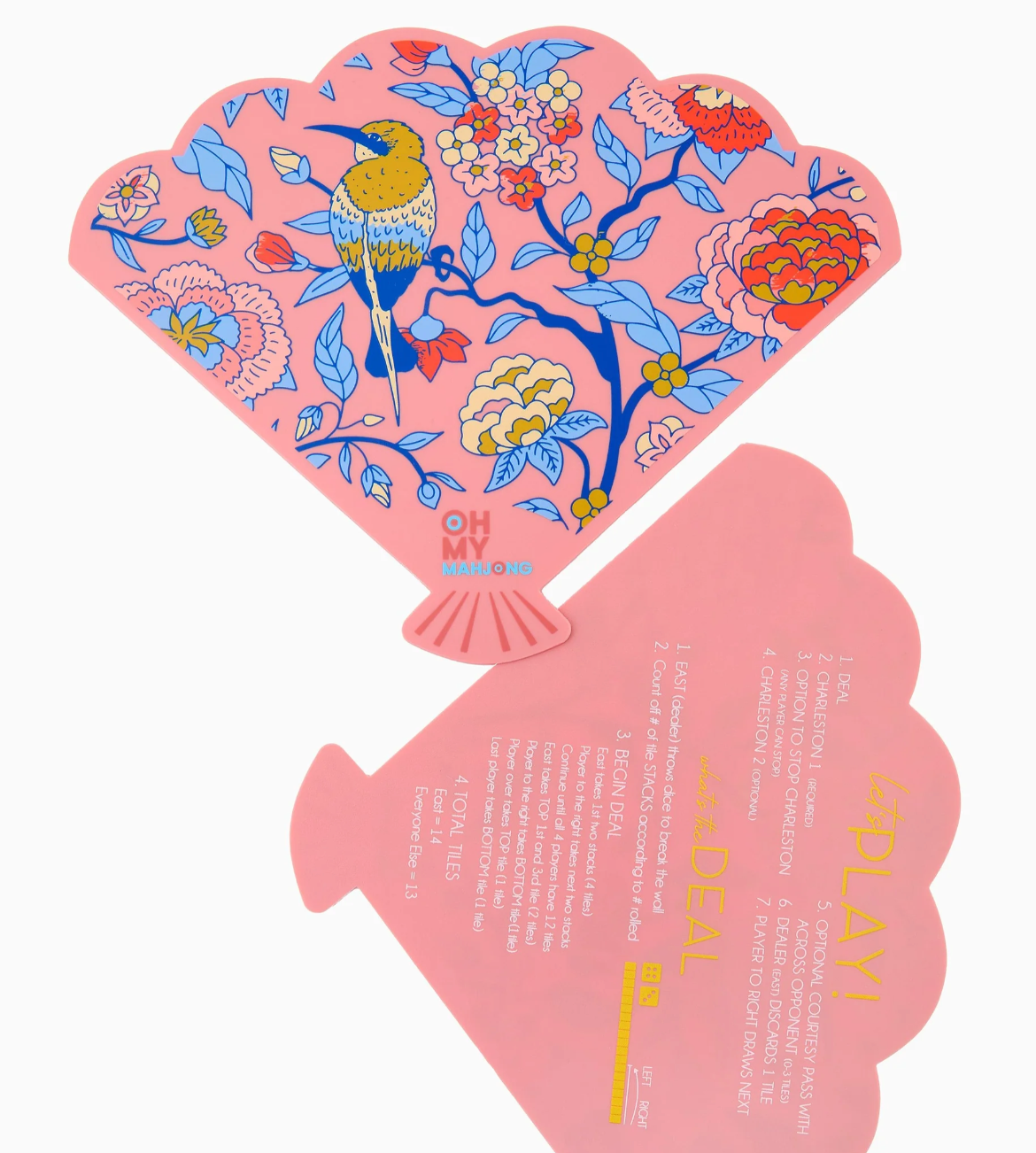 Front and reverse of pink scalloped Mahjong shufflers showing bird-and-floral artwork and printed game-play reminders.