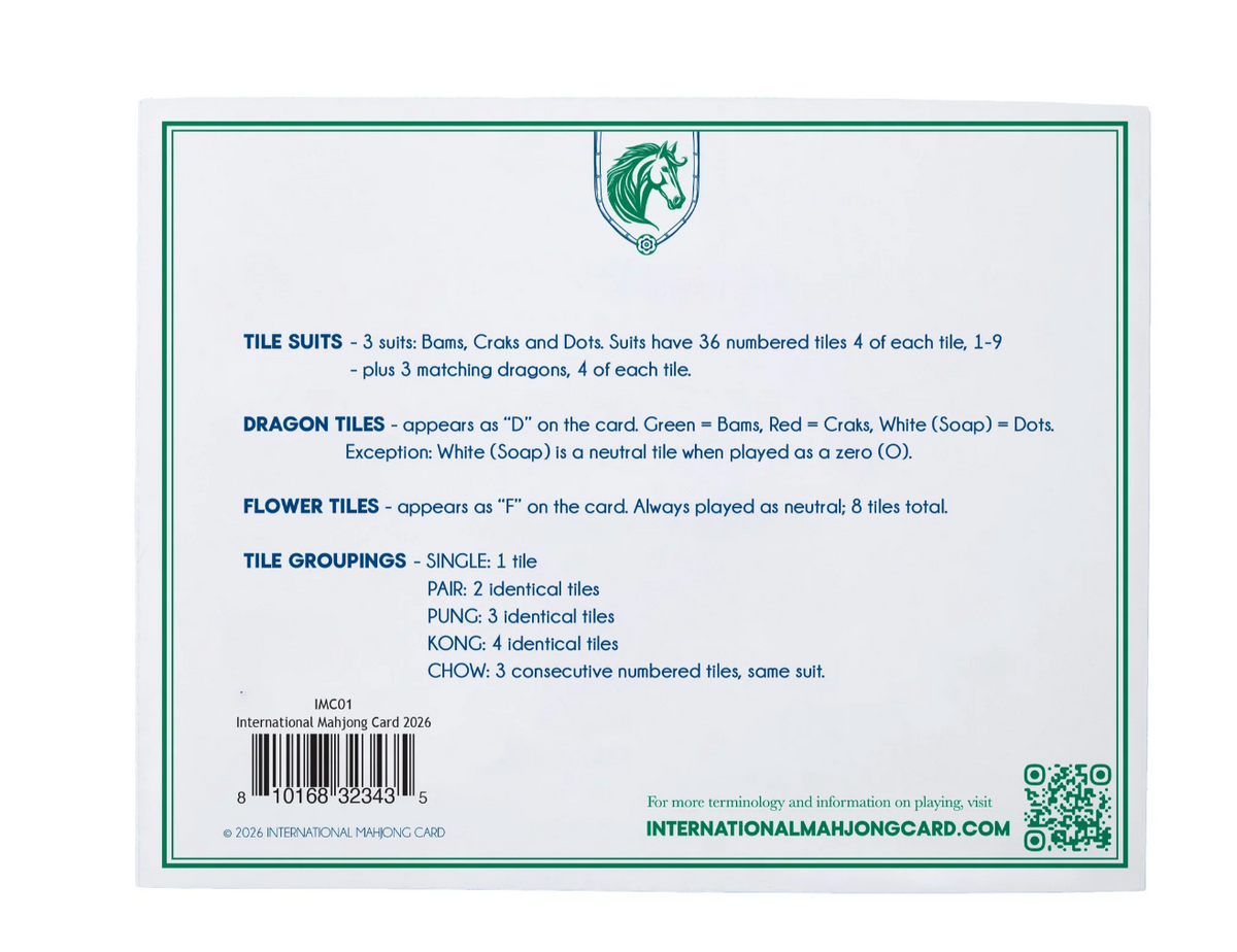 Reverse of the 2026 International Mahjong Card with reference notes on tile suits, dragons, flowers, and tile groupings.