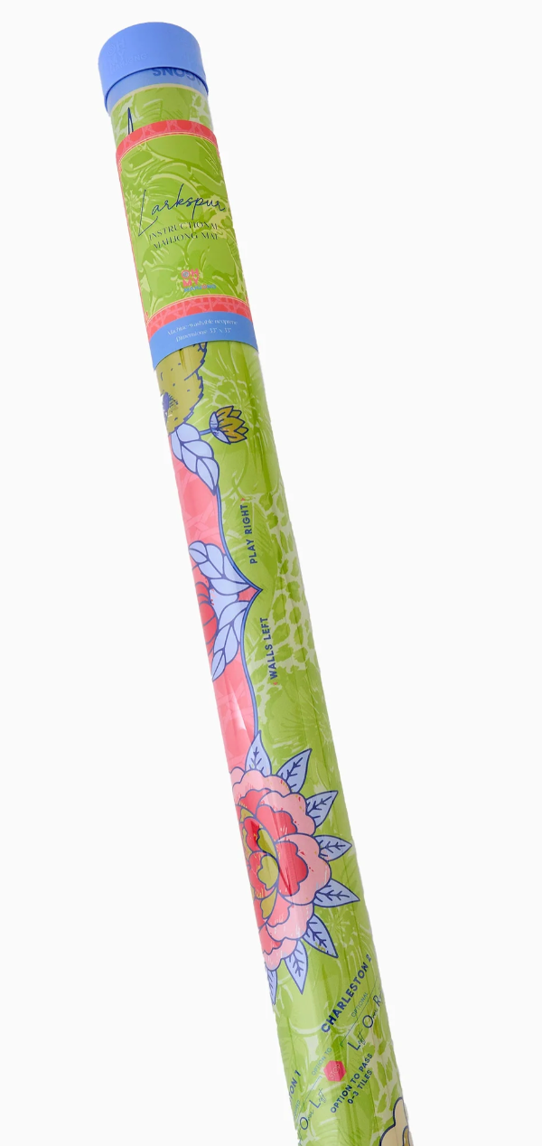 Reusable Larkspur Mahjong mat storage tube with green floral artwork, coral accents, and a blue cap.