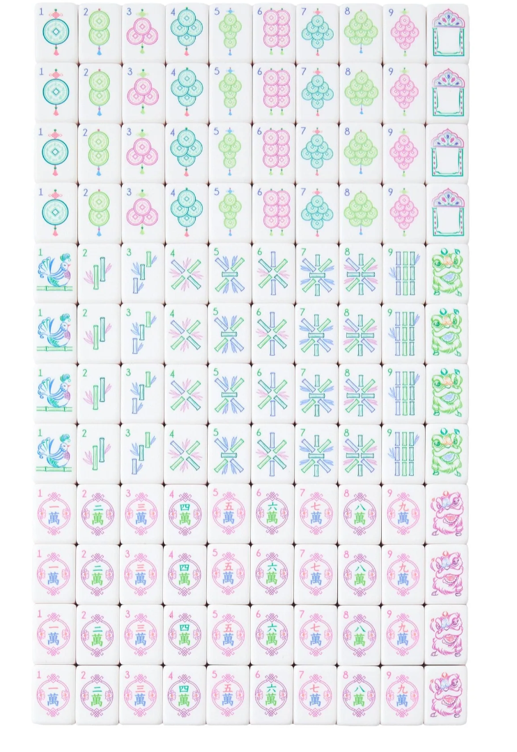 Oh My Mahjong Amara Dot, Bam, and Crack tiles arranged in rows, with pastel pink, green, and blue illustrations.