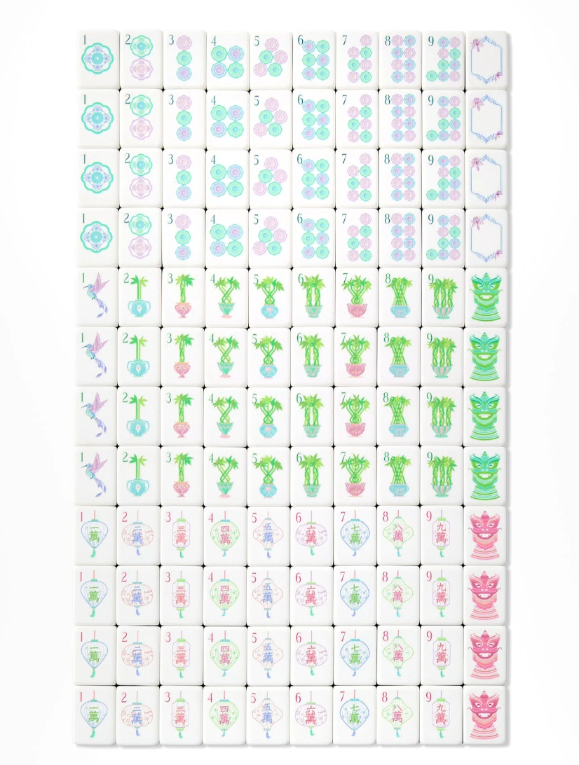 Oh My Mahjong Moonlight Dot, Bam, and Crack tiles arranged in rows with pastel designs on white faces.
