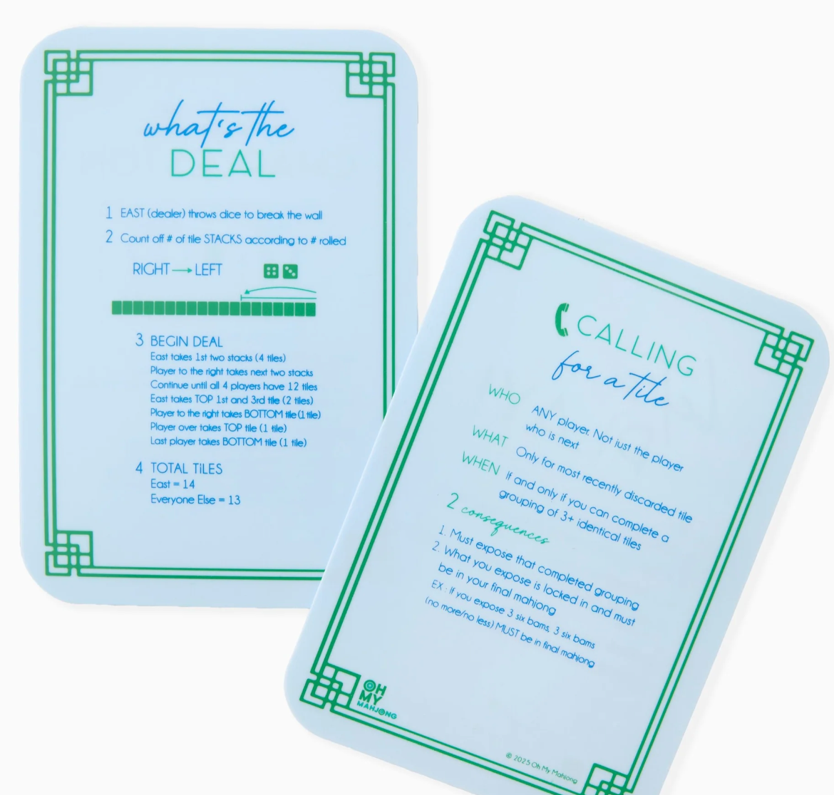 Oh My Mahjong light blue reference cards with green borders, showing dealing instructions and rules for calling a tile.