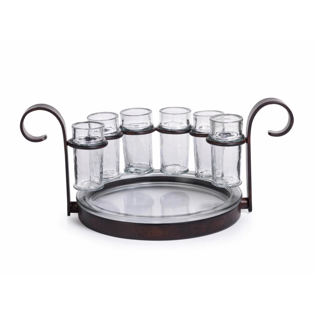 Zodax brand Glass drink holder with metal stand on a white background