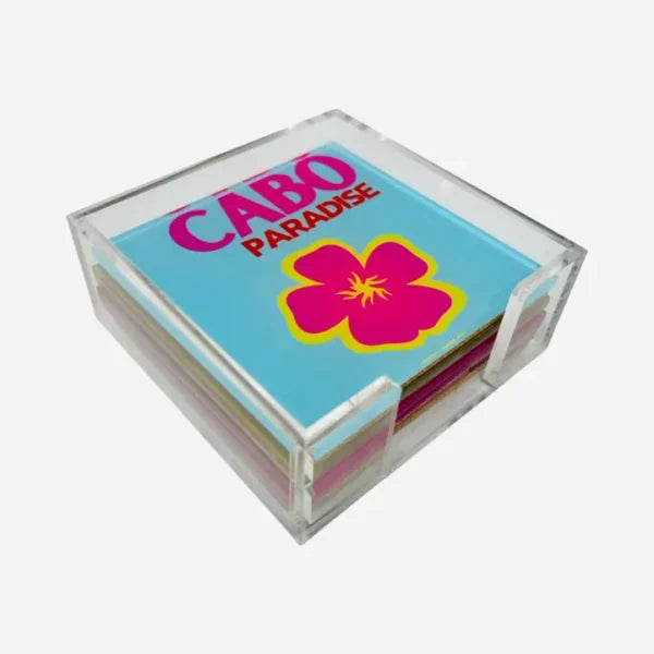 Coasters - Cabo Paradise - Acrylic - set of 4 - sitting in an acrylic box with white background 