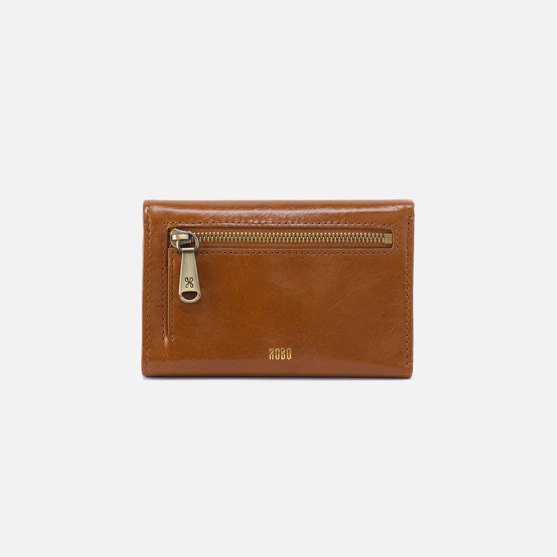 Brown leather wallet with a gold zipper on a white background