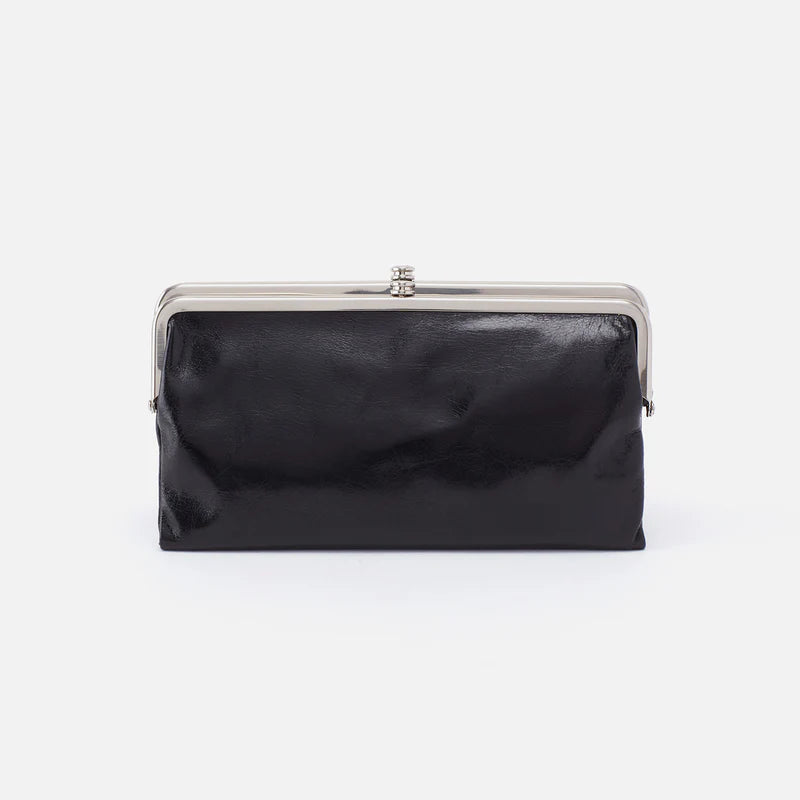 Black clutch bag with a silver clasp on a white background