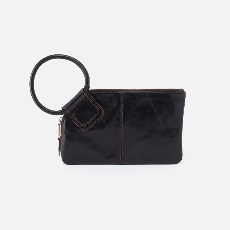Black clutch bag with a ring handle on a white background