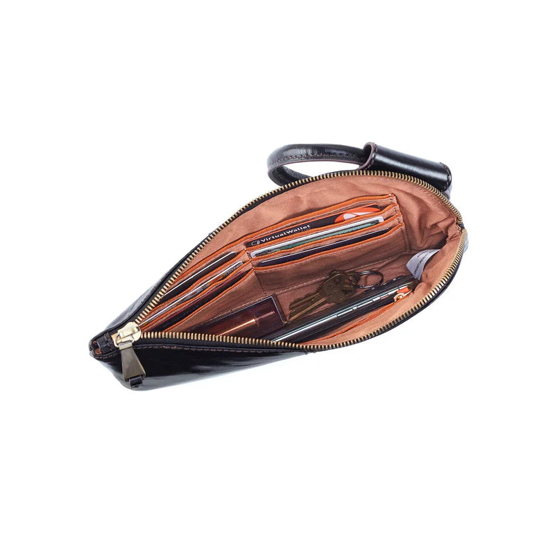 Open leather bag with zipper on a white background