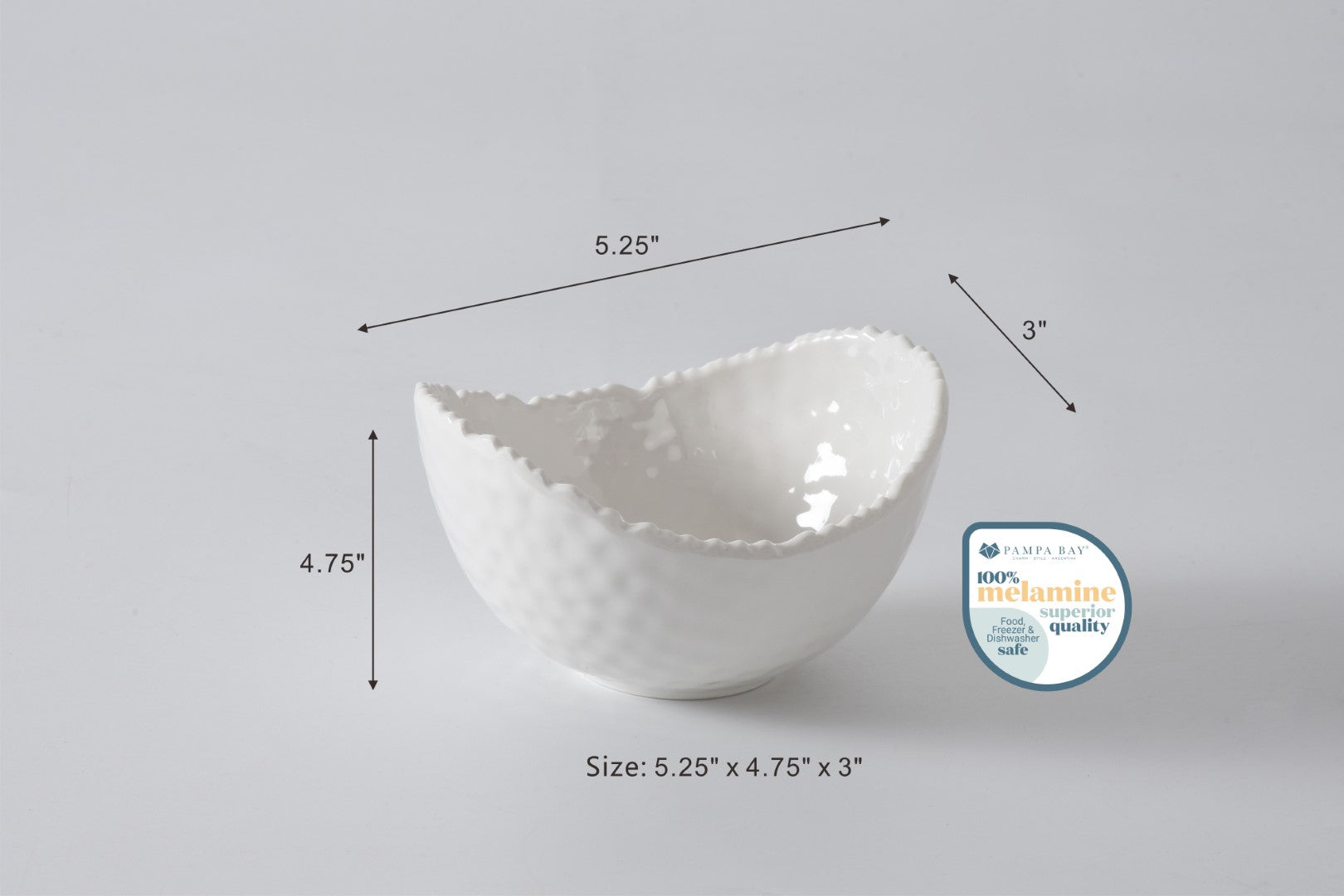 White melamine Pampa bay bowl with dimensions and a quality label on a gray background