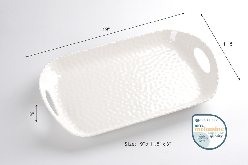 White textured serving tray with dimensions on a light gray background