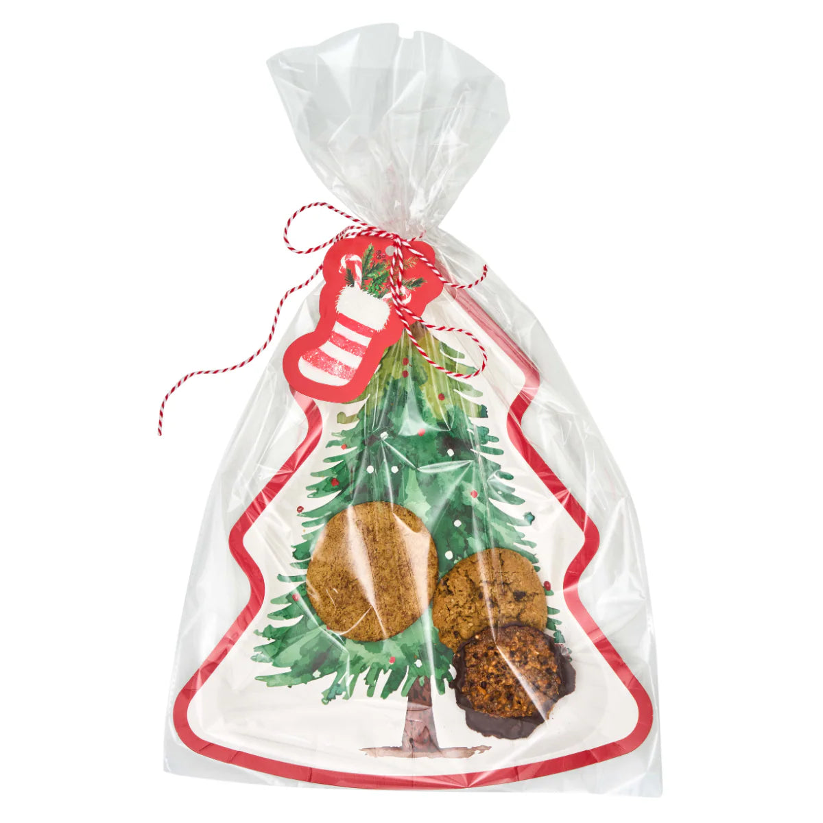 Clear gift bag with Christmas tree and cookies design, tied with red ribbon on a white background.